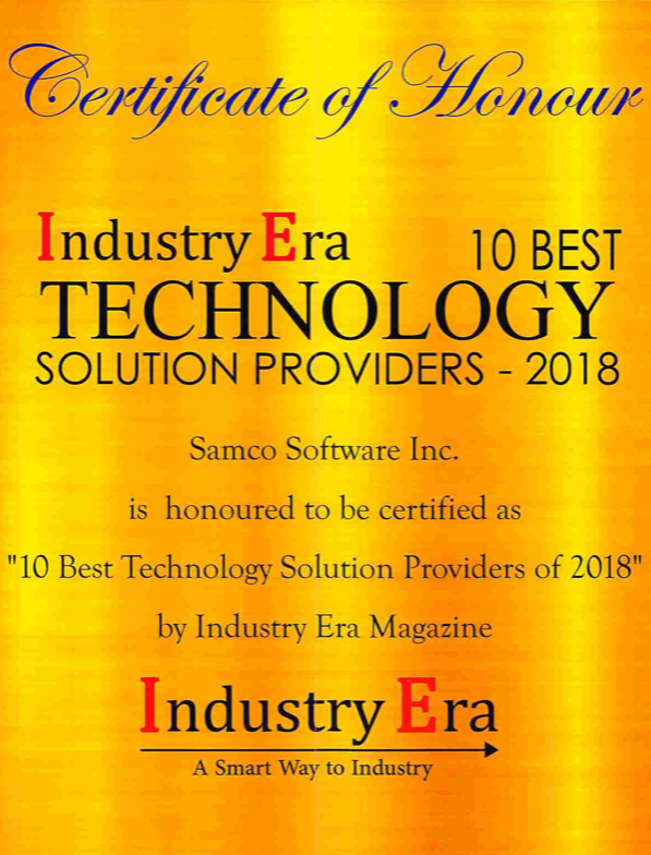 Industry Era Certiticate awarded to Samco Software Inc.